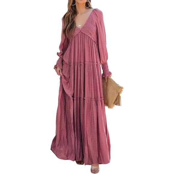 Elegant Long Sleeve Maxi Dress with Empire Waist and Ruffled Hem for Women - Picture 2 of 6